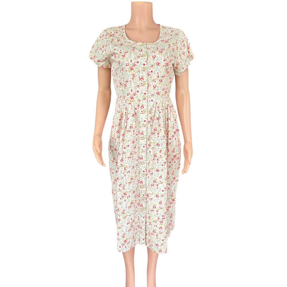 Lanz of Salzburg Cotton Floral A-Line Midi Dress Short Sleeve Nightgown Medium